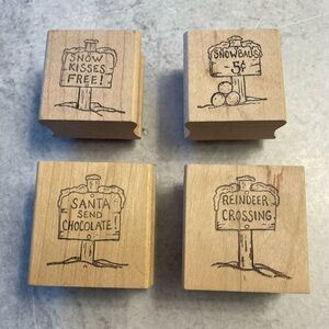 Christmas Signs Posts Ink Wood Rubber Stamp Lot Santa Reindeer Snow Used Lot 4